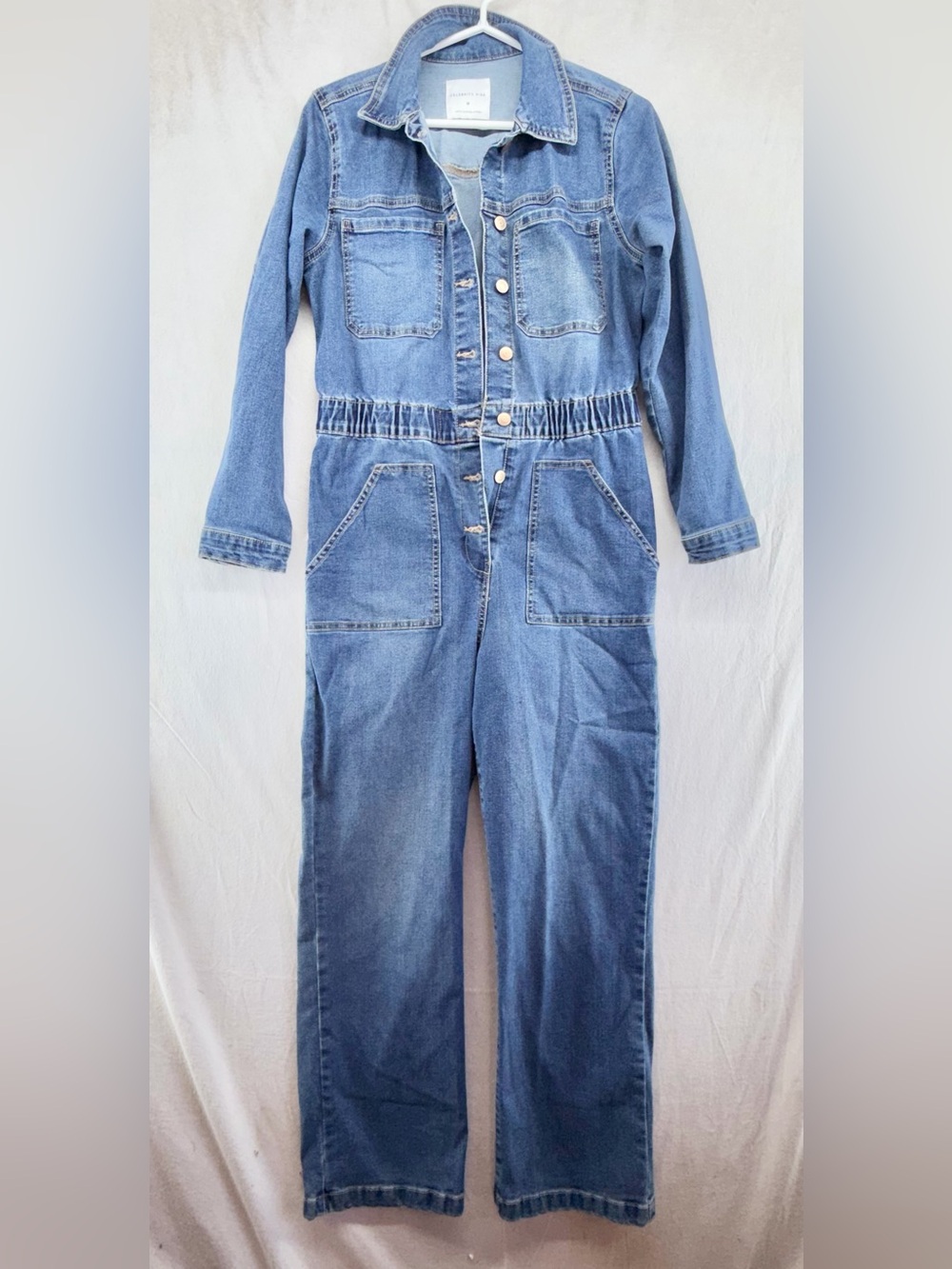 Celebrity Pink Denim Coveralls Jumpsuit Button Up Pants Jumper Size Medium